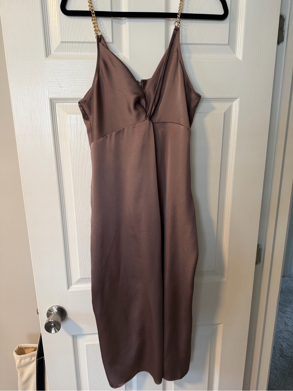 Express Satin Midi Slip Dress with Gold Chain Straps - Taupe